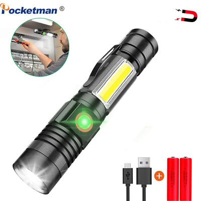 #ad 80000LM USB Rechargeable LED Flashlight Magnetic Torch with Cob Sidelight Clip*2 $19.89