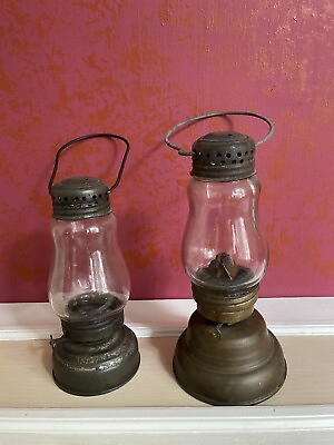#ad Set of Two Antique Glass Globe Tin Skaters Lanterns with Handles Unmarked $250.00
