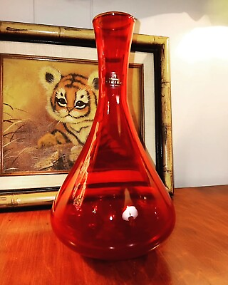 #ad Vintage Viking Glass MCM Ruby Red Amberina Glass Vase Decanter Original Label $49.99