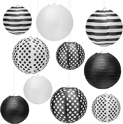 #ad 10 Pcs 6 Inch 8 Hanging Paper Lanterns Black White Round... $29.82