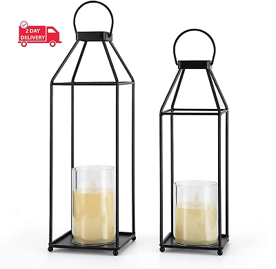 #ad Lanterns Decorative Outdoor 2PCS Living Room Decor Lantern Black Metal Lantern F $37.55