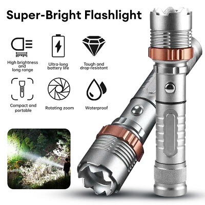 #ad Brightest 2500000LM Powerful LED Tactical Flashlight Rechargeable Zoom Torch $12.91