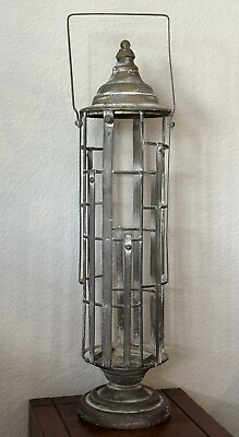 #ad Vintage Tall Rustic Lantern 24quot; Candle Holder Metal Gray Brass Tone Narrow Rare $29.99