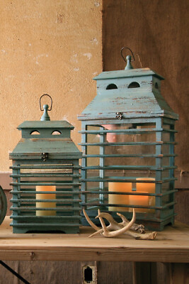 #ad Large Wood Candle Lantern Set of 2 Blue Shutter Lanterns $152.95