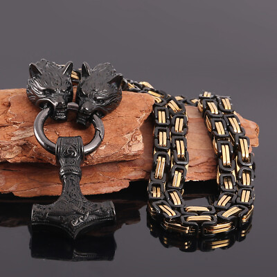 #ad Men’s Stainless Steel Wolf Chainamp;Viking Thor Hammer Mjolnir Pendant Necklace $23.26