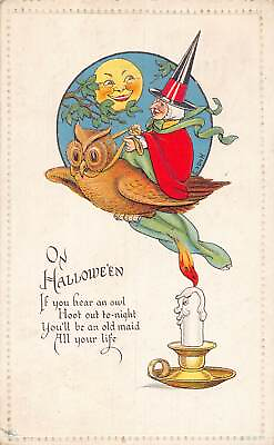 #ad J87 Halloween Postcard Holiday c1910 Witch on Owl Flying Candle 16 $46.00