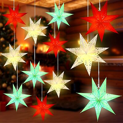 #ad 12 Pcs 14in Christmas Paper Star Lantern Star 7 Pointed Light Snowflake Ceili... $42.58