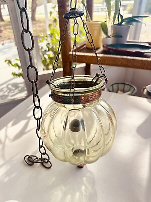 #ad Glass Hanging Lantern Moroccan Boho Style Candle Holder Green Tint Hand Blown $49.79