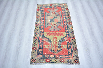 #ad Red Turkish Vintage Bohemian Small Carpet 2.4x4.5ft Red Antique Handmade Rug $180.00