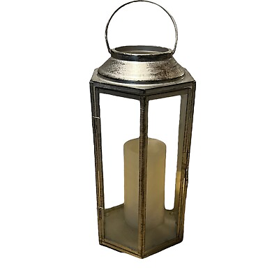 #ad Farmhouse antique candle Holder Hanging lantern home decor 13” Silver Glass Door $32.49