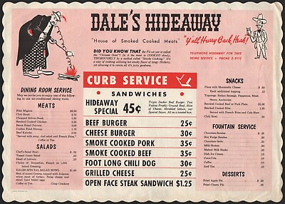 #ad 1960s DALE#x27;S HIDEAWAY old paper restaurant placemat BIRMINGHAM ALABAMA scarce $9.99
