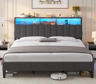 #ad King LED Bed Frame Linen Fabric Upholstered Bed Frame with Hidden Storage Grey $269.89