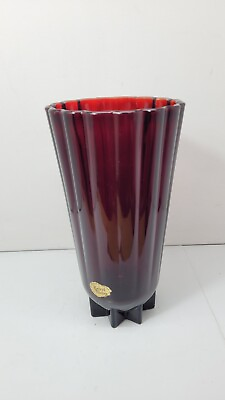 #ad VTG Anchor Hocking Royal Ruby Red Glass Vase 10quot; T Star Bottom Fluted Scalloped $23.97