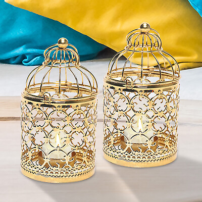 #ad 2X Gold Metal Tea Light Candle Holder Vintage Hanging Lantern Home Wedding Decor $18.05