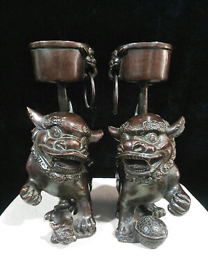 #ad Rare Chinese antiques Pure copper wind water Ornaments Lion oil lanterns statue $235.20