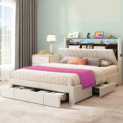 #ad LED Bed Frame Queen Size Platform Bed w Storage Upholstered Headboard amp;4 Drawers $315.99