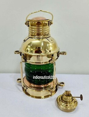 #ad Vintage Brass Oil lantern Maritime Ship Lantern Green Glass Lantern Gift Item $94.40
