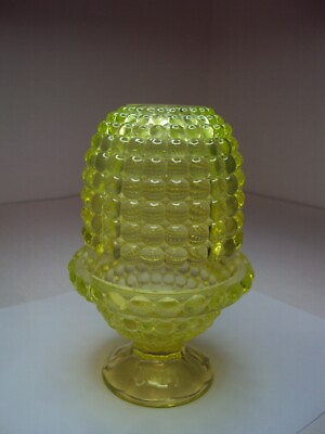 #ad Viking Glass 1000 Eye Hobnail Fairy Lamp Candle Holder in Yellow Vaseline RARE $225.00