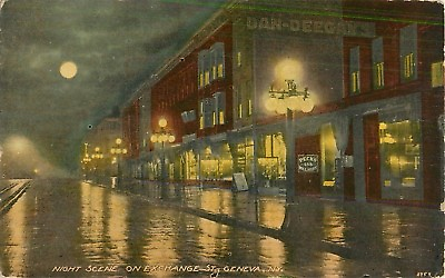 #ad 1924 Night Scene on Exchange Street Geneva New York Postcard $9.99