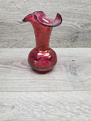 #ad Vtg Ruby Red Depression Glass Small Vase Crackle Glass Art Glass $18.99