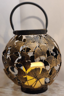 #ad Hanging Metal Lantern with Battery Operated Candle Floral Brass Look Design $9.99