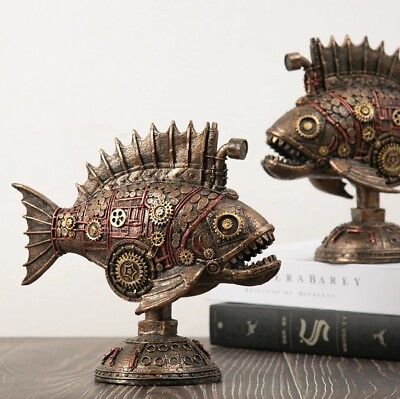 #ad Vintage Steampunk Lantern Fish Imitation Copper Decor Statue Resin Gift New $45.30