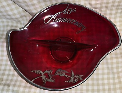 #ad Rockwell Sterling Silver Overlay Ruby Red Glass Divided Dish 40th Anniversary $11.99
