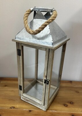 #ad Natural Wood amp; Metal Farmhouse LED Candle Lantern w Glass 22”x8” Shabby Chic New $36.25