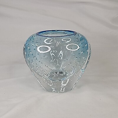 #ad Blue Bubbles Votive Candle Art Glass Vase 4quot;H Scratch on Bottom Heavy $59.97