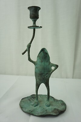 #ad Vintage Frog 10.5quot; Candle Holder Taper Cast Iron Metal Heavy $29.95