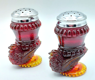 #ad Red Glass Chicken Bird Salt amp; Pepper Shakers Metal Lids UV Glow $17.85