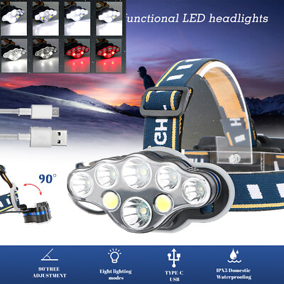 #ad 8LED Headlamp USB Rechargeable Flashlight Headlight Head Torch Lamp Super Bright $12.99