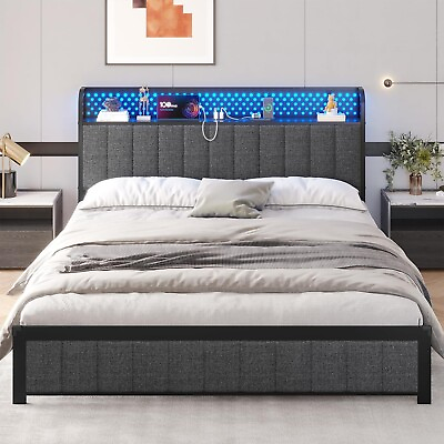 #ad Queen LED Bed Frame with Storage Headboard Modern Upholstered Platform Bed $169.97