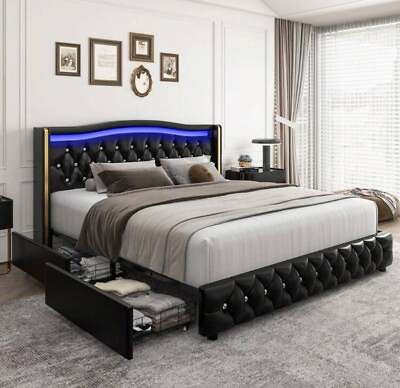 #ad Full Queen King LED Bed Frame Upholstered Platform Bed with Wingback Headboard $550.00