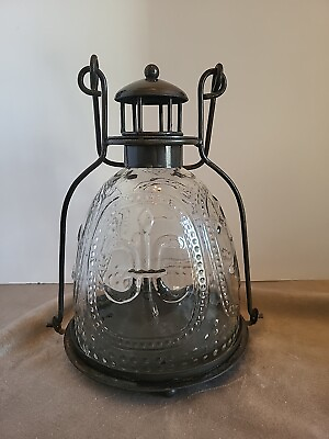 #ad Salvage Clear Rustic Hanging Candle Lantern Fleur De Lys Glass Barn Farmhouse $139.97
