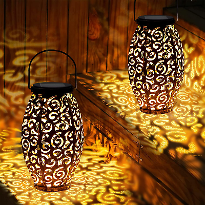 #ad 2Pcs Solar Lanterns Outdoor Waterproof Hanging Solar Garden Hollow Lanterns LED $52.81