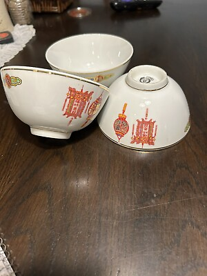 #ad 3 Chinese Lanterns Porcelain Rice Bowl Tea Cup $40.00