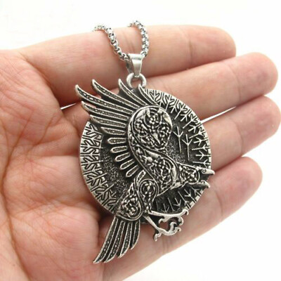 #ad Mens Norse Viking Talisman Amulet Raven Crow Pendant Necklace Stainless Steel $7.99