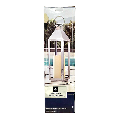 #ad Pillar Candle Lantern 28quot; Outdoor Indoor Members Mark Stainless Steel in Box New $21.95
