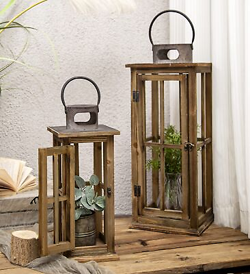 #ad Large Farmhouse Wooden Metal Lantern Set of 2 Rustic Decorative Floor Candle... $124.43