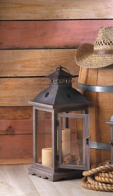 #ad LARGE 19quot; TALL WOOD amp; METAL CANDLE HOLDER LANTERN FLOOR LAMP COUNTRY WESTERN $69.00