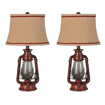 #ad Set of 2 Rustic Table Lamps Vintage Old Fashioned Lantern Base Burlap Shade $221.60