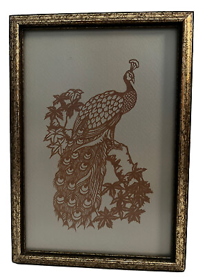 #ad VTG Gold Colored Asian Inspired Cut Paper Peacock Framed Country Cottage Chic $12.50