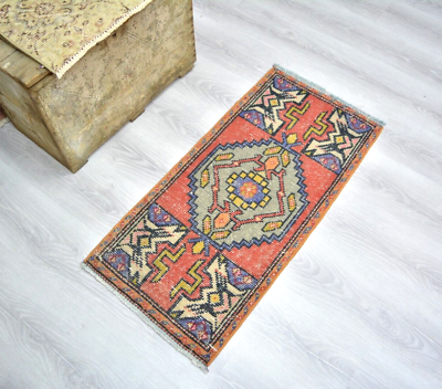#ad Red Handmade Door Mat Bath Mat 1.5x3.2ft Red Antique Hand Knotted Small Rug $54.00