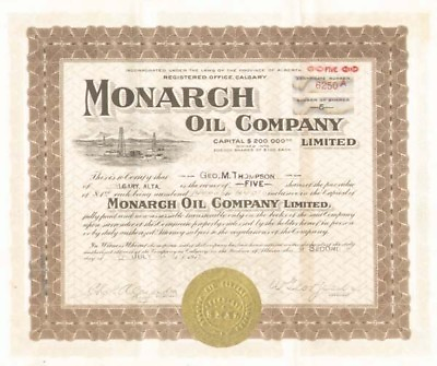 #ad Monarch Oil Co. Limited Stock Certificate Foreign Stocks $14.00