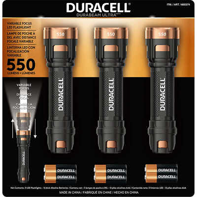 #ad DURACELL 3 Pk Durabeam Variable Focus LED 550 Lumens Flashlights 12 Batteries $29.99
