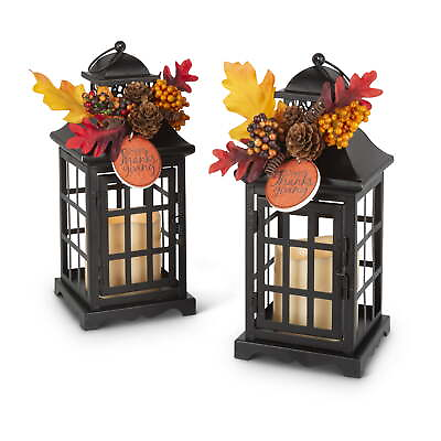 #ad Set of 2 black metal lanterns with B O LED candles and floral accents $28.72