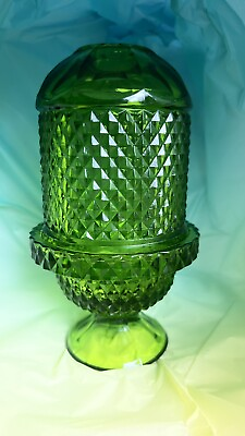 #ad Vintage Viking Glass Diamond Point Green Fairy Lamp Candle Holder With Sticker $69.99
