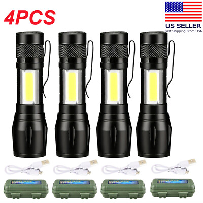 #ad 4 Pack Tactical LED Flashlight USB Rechargeable 3Modes Light Zoomable Lamp Torch $10.99