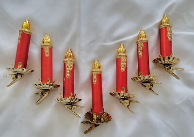 #ad Set 7 Vintage Blown Glass Christmas Candle Clip On Red Gold Glitter Ornaments $60.00